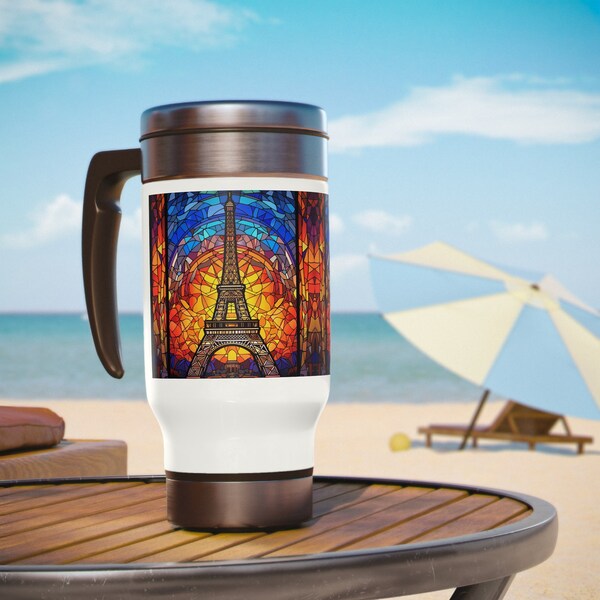 Eiffel Tower Stainless Steel Travel Mug with Handle, 14oz, Stained Glass Paris Mug , Paris Trip Mug, Large Mug with Handle