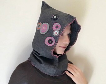 Upcycled Wool Hooded Scarf, Pixie Elf Style, Handmade Embroidery