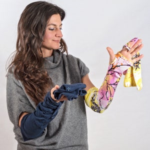 Upcycled fabric fingerless long gloves. Sustainable and stylish alternative for women and girls