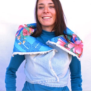 Denim waistcoat for women. Upcycled jeans jacket from fabric scraps for alternative fashion