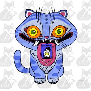 May include: A cartoon illustration of a blue cat with large orange and yellow eyes, sharp teeth, and a pink mouth. Inside the mouth is a picture of a penguin in a tuxedo with the text "Save the date."