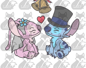 Stitch and angel SVG. Lilo and stitch svg. Wedding svg. Stitch married svg. png, layered, and black and white