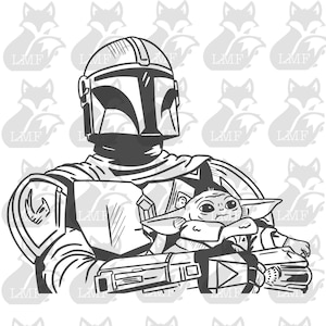 Könnte beinhalten: Schwarz-Weiß-Illustration von The Mandalorian, der Grogu hält. Der Mandalorianer trägt seinen charakteristischen Helm und seine Rüstung und hält Grogu in seinen Armen. Grogu blickt nach oben. Das Bild hat einen klaren, grafischen Stil.