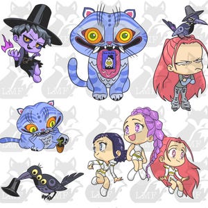 Può includere: Una collezione di illustrazioni di cartoni animati con vari personaggi e creature. Include una strega viola con un cappello nero, un gatto blu con la bocca aperta e un corvo con un cappello. Altri personaggi includono ragazze con diversi colori di capelli.