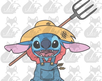 May include: A blue cartoon character wearing a straw hat and overalls, holding a pitchfork. The character has large eyes and a wide smile.