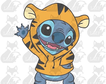 May include: A blue cartoon character wearing a yellow and black tiger-striped hoodie. The character has large eyes and a wide smile.