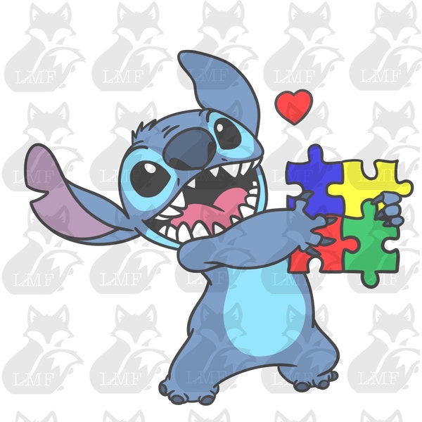 Stitch autism svg. Lilo and stitch svg. Autism awareness, autism support. Autism puzzle. png, layered, and black and white