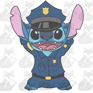 Police officer Stitch US . Police stitch Lilo and stitch svg. png, layered, and black and white. Stitch dressed up. Policeman policewoman