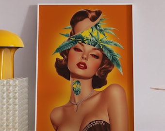 Vintage Surreal Wall Art Print: Woman Marijuana Art Decor
