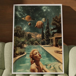 Póster espacial surrealista de retrofuturismo con sueños de piscina futurista, arte mural psicodélico de marihuana cósmica, póster surrealista retro con mujeres en el espacio.