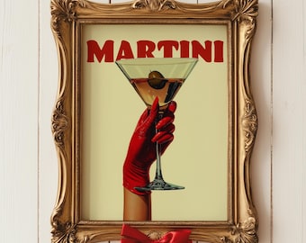 Impression d'art cocktail martini rétro : décoration de chariot de bar à gants rouges