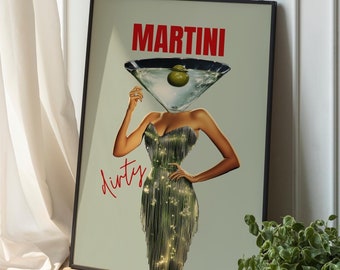 Dirty Martini Cocktail Vintage Art Print, Bar Cart Decor, Cocktail Art Poster, Alcohol Sign Bar, Retro Drink Woman Wall Art, Surreal Vintage