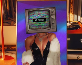May include: A digital art print featuring a woman with a television screen for a head. The screen is displaying static and the text "NO SIGNAL". The woman is wearing a black leather dress and a white fur coat.