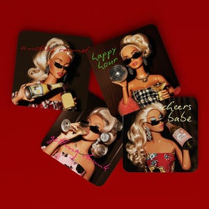 May include: Four square coasters featuring images of a blonde doll wearing sunglasses, holding drinks. The coasters have text that reads "another round", "happy hour", and "cheers babe". The background is red.