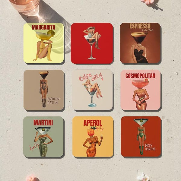 Vintage Cocktail Coasters, Trendy Bar Cart Decor, Dirty Martini Coasters