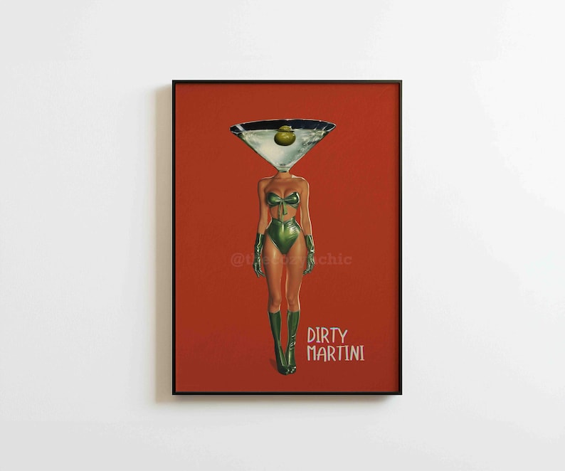 Dirty Martini Cocktail Vintage Art Print, Retro Bar Cart Decor, Cocktail Wall Art image 2