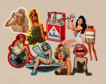 Vinyl Stickers, Surreal Art Vinyl Stickers, Vintage Retro Laptop Stickers, Kindle Aesthetic  Sticker, Bar Cart Art, Retro funny sticker