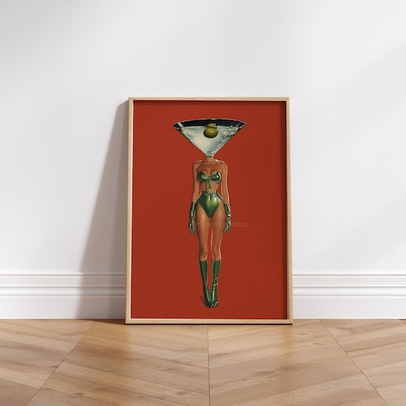 Dirty Martini Cocktail Vintage Art Print, Retro Bar Cart Decor Cocktail Art Poster, Woman Retro Drink Red Wall Art Aesthetic Room Decor