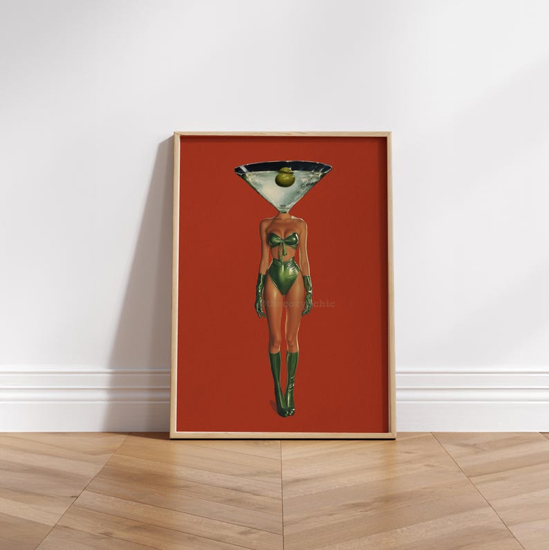 Dirty Martini Cocktail Vintage Art Print, Retro Bar Cart Decor, Cocktail Wall Art image 1