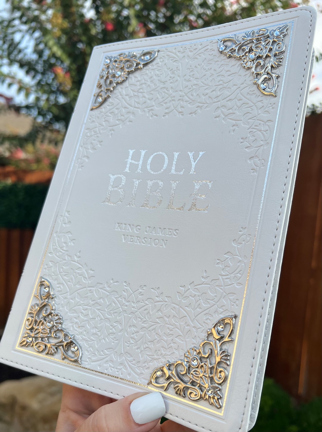 White KJV Holy Bible With Silver Corner Embellishments With