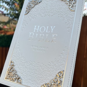 White KJV Bible with Silver Corner Embellishments, Swarovski Crystals, Faux Leather