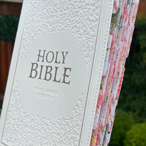 Gorgeous White KJV Holy Bible with Floral Tabs , Thinline Large Print Faux Leather