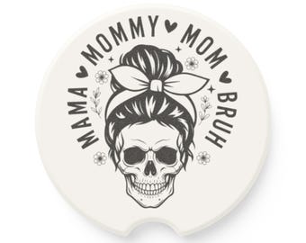 Posavasos para coche con forma de calavera "Mamá, mamá, hermano" / Posavasos para coche de esteatita