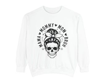 Mama Mom Mommy Bruh Skull with Hairscarf Sweatshirt | Mom Skull Crewneck