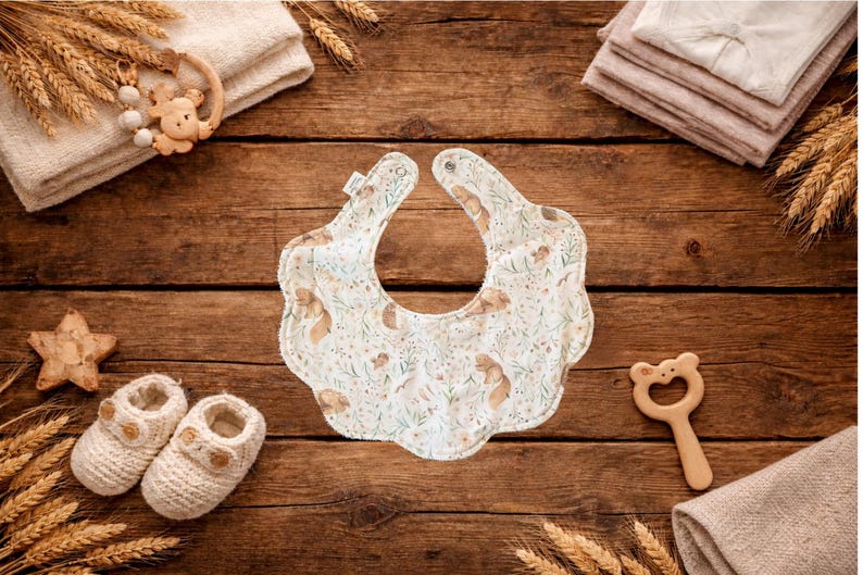 Puede incluir: Un babero para beb&eacute; con un estampado floral y de ardillas, zapatos de beb&eacute;, una estrella de madera y un mordedor con forma de oso. Los art&iacute;culos est&aacute;n dispuestos sobre una superficie de madera r&uacute;stica, con espigas de trigo y toallas dobladas.