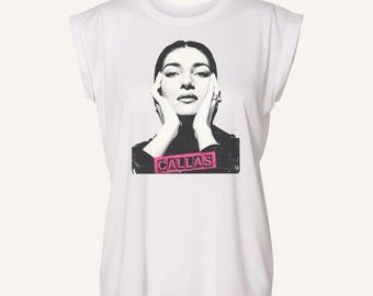 Maria Callas Vintage Photo Muscle Tee - Rolled Cuff Black and White Opera Graphic Shirt