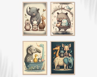 Dipinti stravaganti di animali per bambini, arte della parete dell'asilo nido, stampabile, digitale, stampa di animali da bambino, download digitale, decorazione della parete della scuola materna