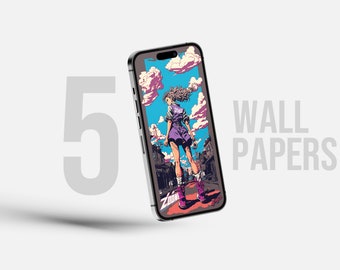 May include: A smartphone displays a vibrant digital art wallpaper featuring a person in a purple outfit walking down a street. The phone is silver with a black screen. The number "5" and the words "WALL PAPERS" are also visible.