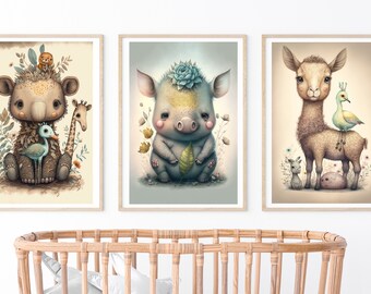 Set di arte murale dell'asilo nido di 3, pittura di animali per bambini stravaganti, stampa di animali per bambini, arte della parete stampabile del cucciolo, decorazione della parete della scuola materna