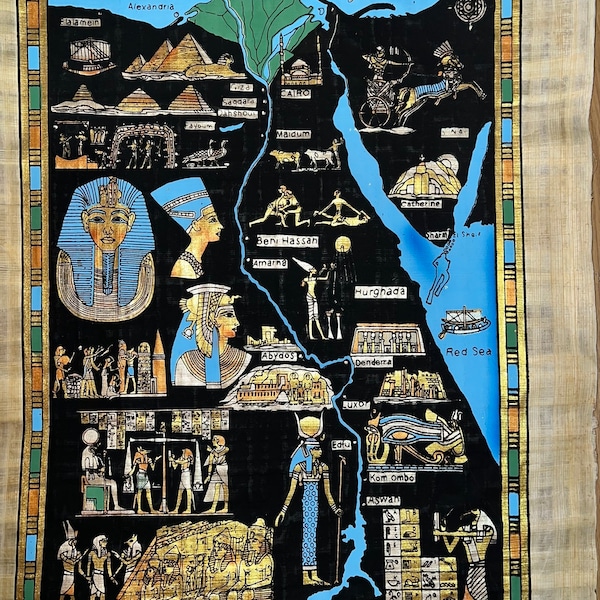 Egypt Map Large – Ancient Egypt  - Vintage Authentic Hand Painted Papyrus - Ancient Egypt Art Painting - Egypt Papyrus – Egypt Papyrus Decor