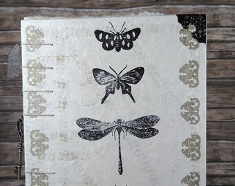 Notebook Diary Handmade Medieval Coptik Binding Butterfly Dragonfly Moth Ornament Silver Embossed Approx. Din A5 21.5 x 15.5 cm