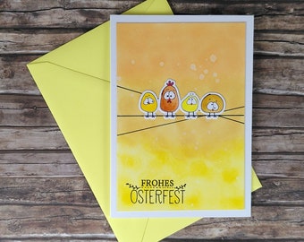 Greeting card card folding card Easter Ostara chickens on the pole yellow brown orange Din A6 14.8 x 10.5 cm