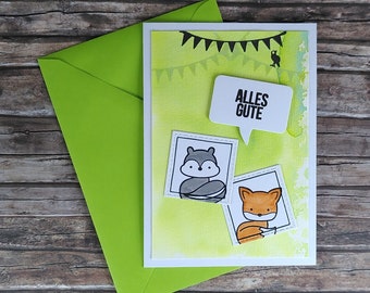 Greeting card card folding card forest animals fox skunk baby child birthday birth congratulations green brown black white DIN A6 14.8 x 10.5 cm