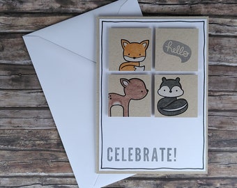 Greeting card card folding card forest animals baby child birthday birth welcome welcome brown gray black white Din A6 14.8 x 10.5 cm