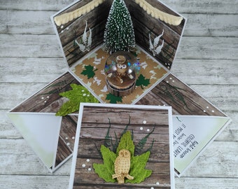Explosion box, surprise box, gift box, autumnal box with Christmas tree pom-poms and owl in a snow globe, brown, dark green, 4 inches, 10 cm