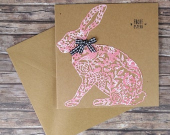 Greeting Card Folding Card Easter Easter Ostara Bunny Easter Bunny Bow Tie Pink Black Square Square 14.8 x 14.8 cm