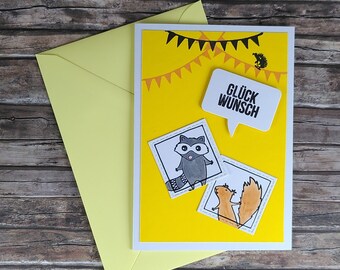 Greeting card card folding card forest animals baby child birthday birth congratulations hedgehog yellow orange gray black white DIN A6 14.8 x 10.5 cm