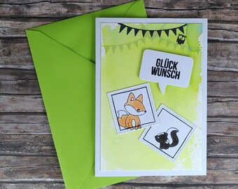 Greeting card card folding card forest animals fox skunk baby child birthday birth congratulations green brown black white DIN A6 14.8 x 10.5 cm