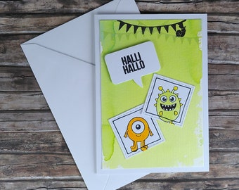 Greeting card card folding card monster snail baby child birthday birth welcome hello green orange white DIN A6 14.8 x 10.5 cm