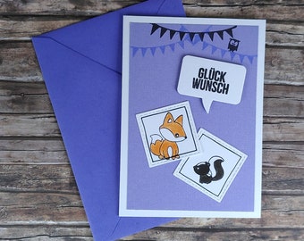 Greeting card card folding card forest animals fox skunk baby child birthday birth congratulations purple brown black white Din A6 14.8 x 10.5 cm