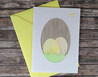 Greeting card card folding card Easter Easter Ostara eggs Easter eggs lawn grass yellow orange green Din A6 14.8 x 10.5 cm