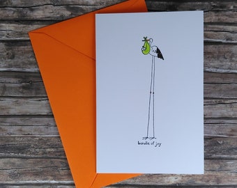 Greeting card card folding card baby birth stork delivery infant welcome bundle of joy green orange white Din A6 14.8 x 10.5 cm