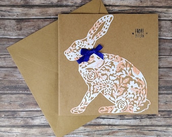 Greeting Card Folding Card Easter Easter Festival Ostara Bunny Easter Bunny Bow Tie Orange Blue Square Square 14.8 x 14.8 cm