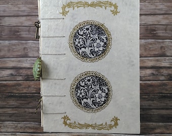 Notebook Diary Handmade Medieval Coptik Binding Flowers Circles Tendril Wreaths Gold Embossed Approx. Din A6 11 x 15.7 cm