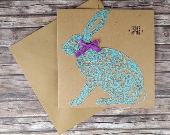 Greeting card card folding card Easter Easter festival Ostara rabbit Easter bunny bow tie turquoise blue purple square square 14.8 x 14.8 cm