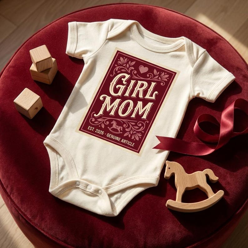 Puede incluir: Body de beb&eacute; color crema con un dise&ntilde;o rectangular burdeos que dice "Girl Mom" en escritura blanca. El dise&ntilde;o incluye un coraz&oacute;n, detalles florales y el texto "Est. 2026 - Genuine Article". Tambi&eacute;n hay juguetes de madera y una cinta.